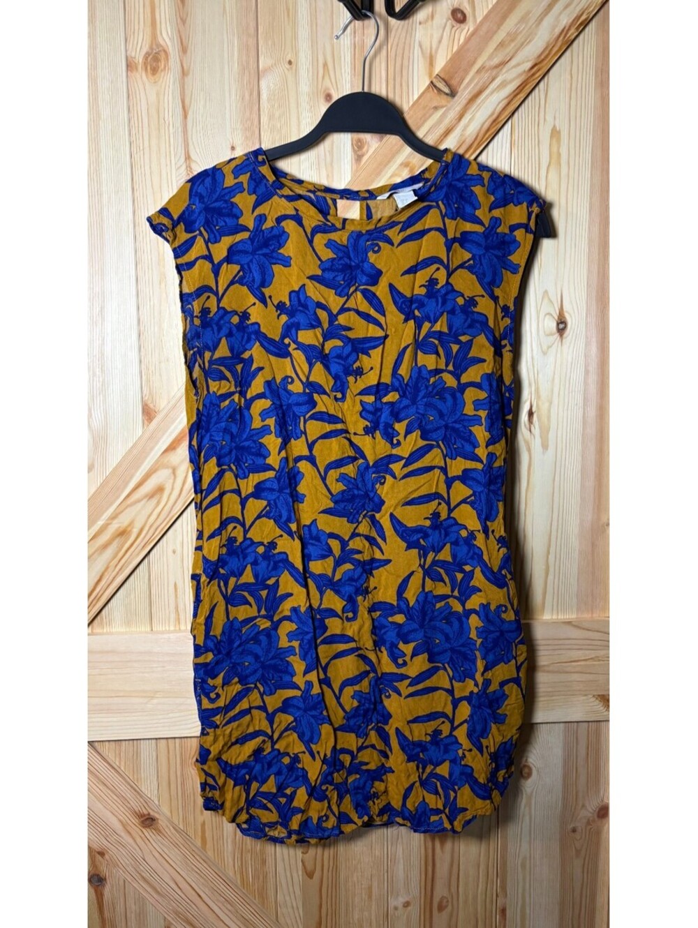 H&M Women's Brownish/Mustard Yellow and Blue Floral Print Dress Size US 6